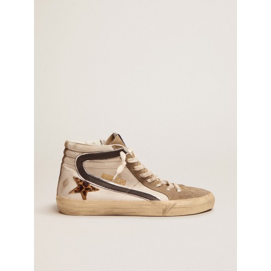 Men's Slide with leopard print pony skin star and black flash