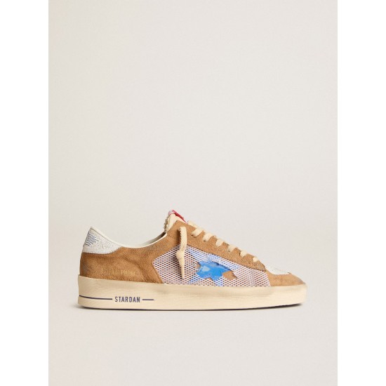 Stardan LTD in tobacco suede and mesh with blue star and leather heel tab