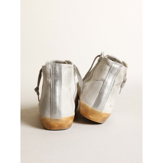 Women’s Francy in white suede with black leather star and silver Swarovski crystal tongue