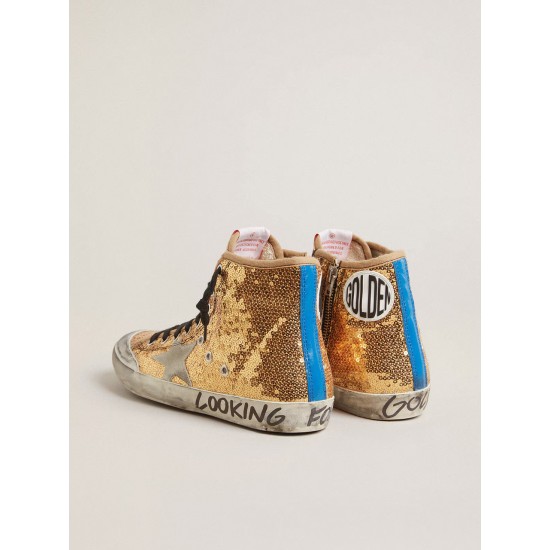 Francy Penstar in gold glitter with suede star and bright blue heel tab