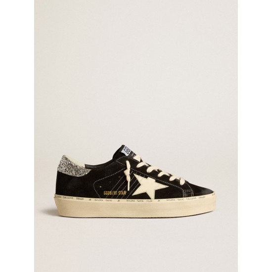 Women’s Hi Star in black leather with silver glitter heel tab