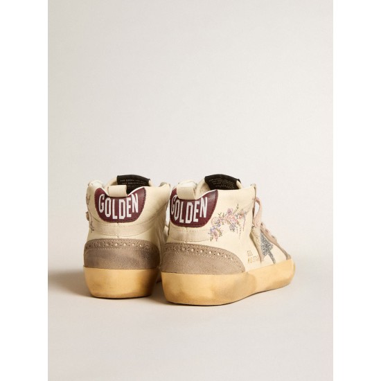 Women's Mid Star in nappa leather with floral embroidery and silver glitter star