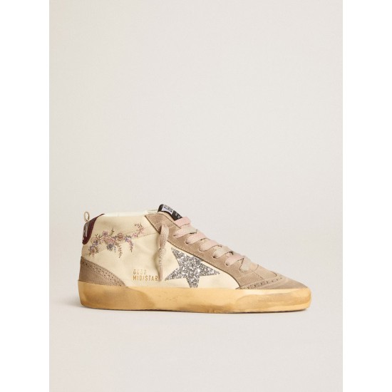 Women's Mid Star in nappa leather with floral embroidery and silver glitter star