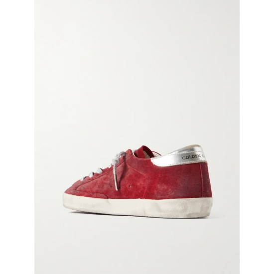 Super-star distressed metallic leather-trimmed suede sneakers