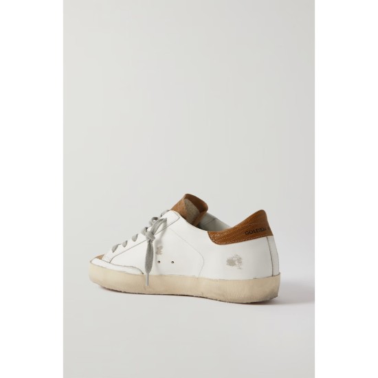 Superstar glittered distressed leather and suede sneakers